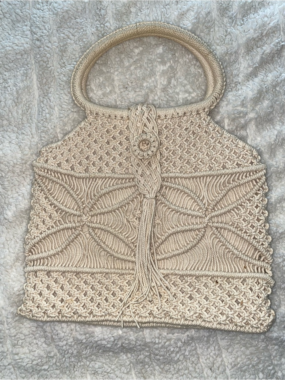 Handwoven Cream Macramé with Tassel Handle Purse bag Boho Beach